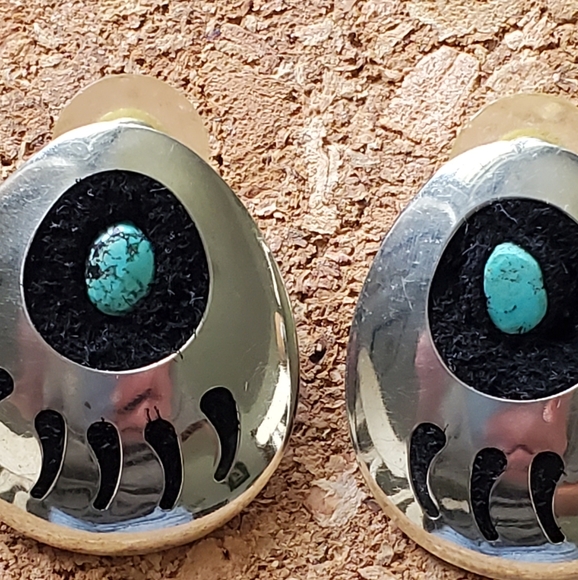 BIG Navajo Sterling & Turquoise Bear Paw Earrings - Picture 12 of 13